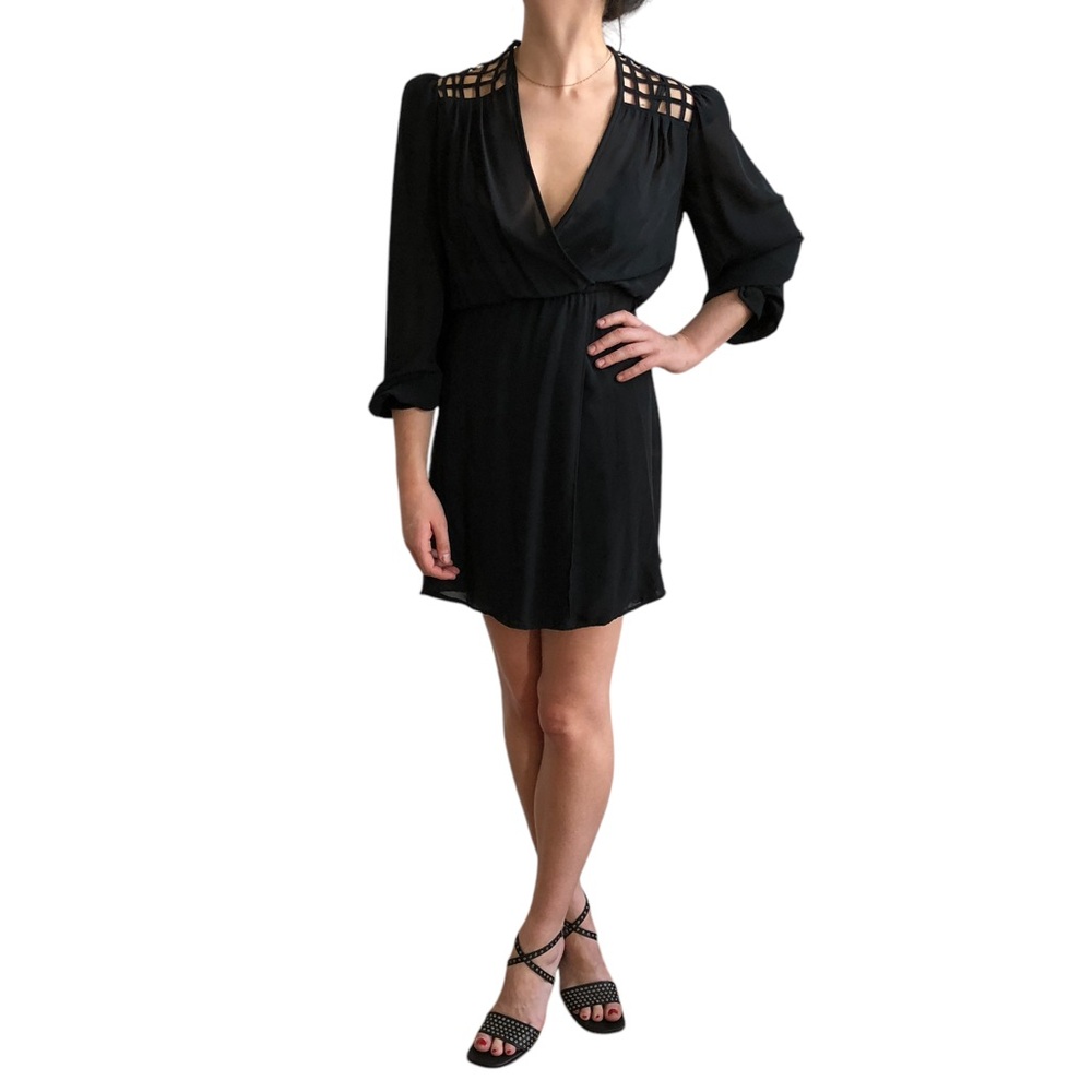 Vintage Black Sheer V-neck Mini Dress w/ Caged Style Lattice Open Back